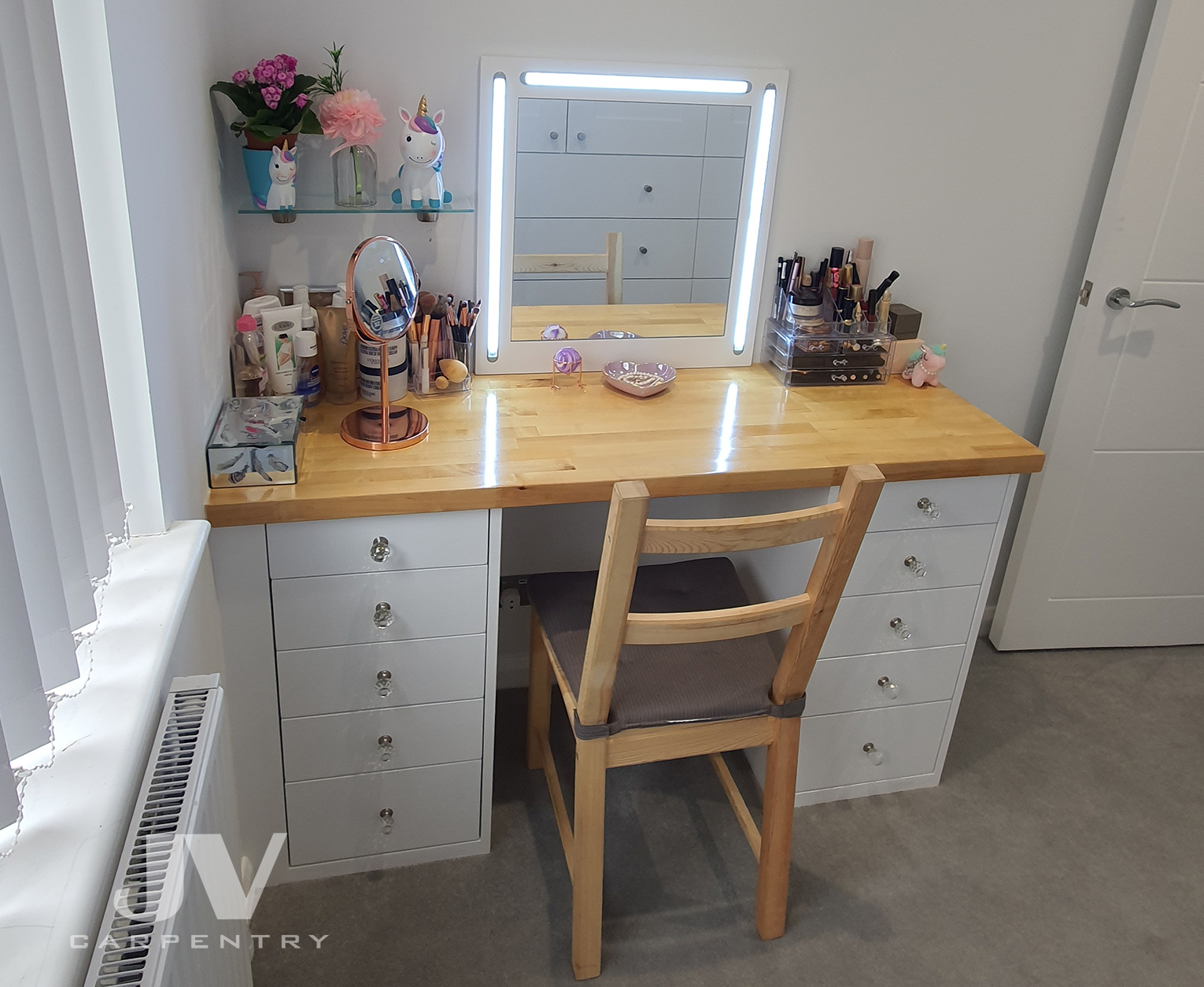 made-to-measure dressing table with fitted mirror and wooden counter top