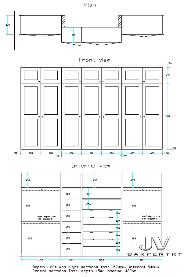 Drawing and plan of the Fitted alcove wardrobes and wardrobes around chimney.