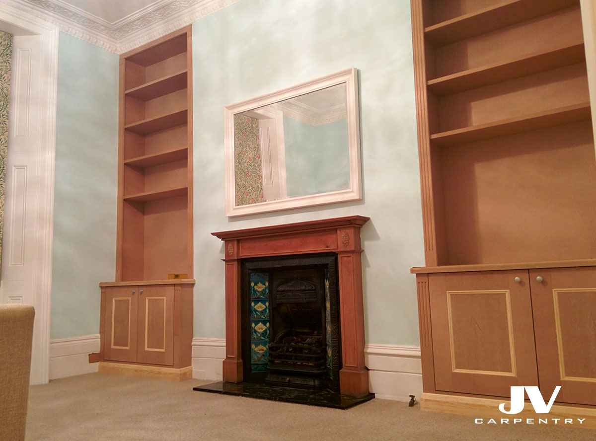 fitted alcove cabinets with bookshelves, victorian style. Unpainted MDF