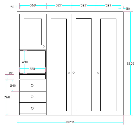 small fitted wardrobe drawing with dimensions